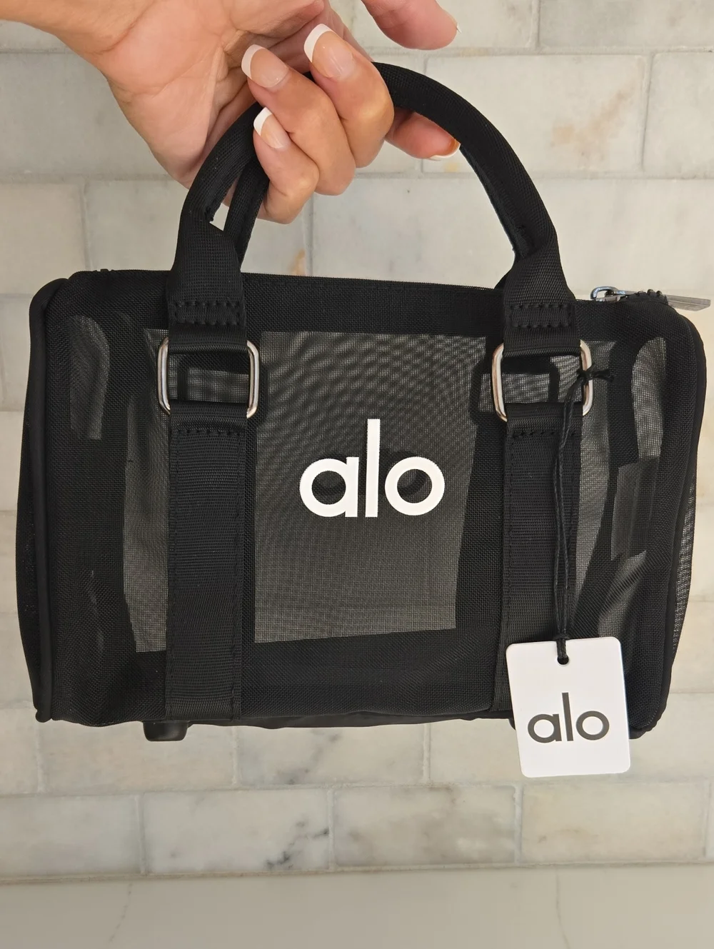 ALO Yoga Black Mesh Toiletry Bag with Top Handles